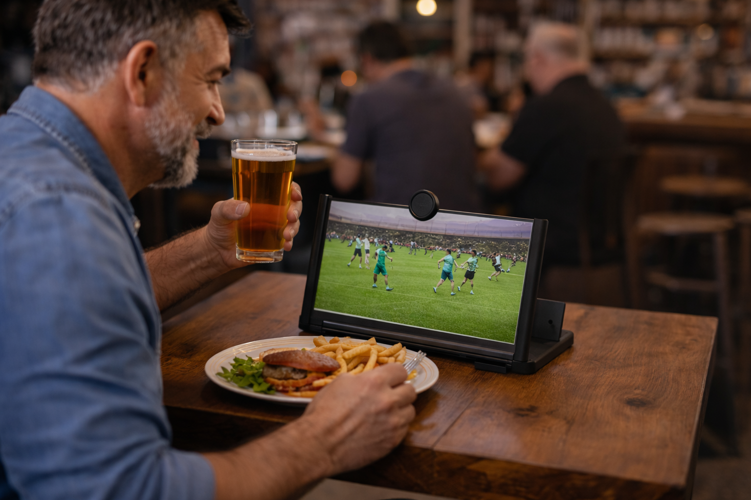 Man watching a soccer match on a The View Mate in a pub with a drink and food.